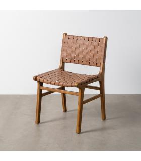 SILLA MARRÓN MADERA TECA-PIEL SALÓN 50 X 56 X 87 CM