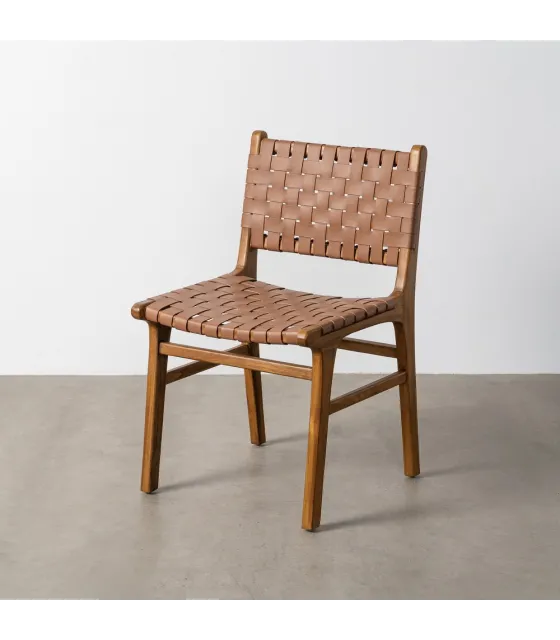 SILLA MARRÓN MADERA TECA-PIEL SALÓN 50 X 56 X 87 CM