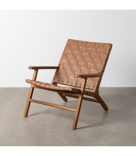 BUTACA MARRÓN MADERA TECA-PIEL SALÓN 74 X 78 X 75 CM