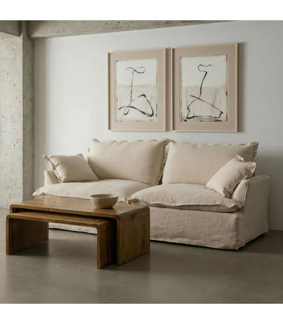 SOFÁ 3 PLAZAS BEIGE MADERA / TEJIDO 230 X 109 X 90 CM