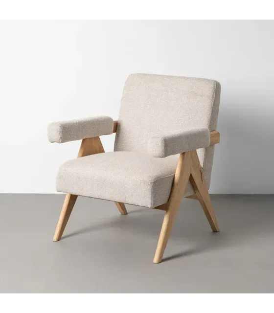Sillón beige tejido-madera salón 74 x 76 x 85 cm
