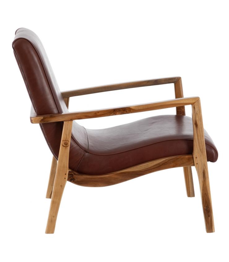 SILLÓN MARRÓN MADERA TECA-PIEL SALÓN 65 X 76 X 83 CM