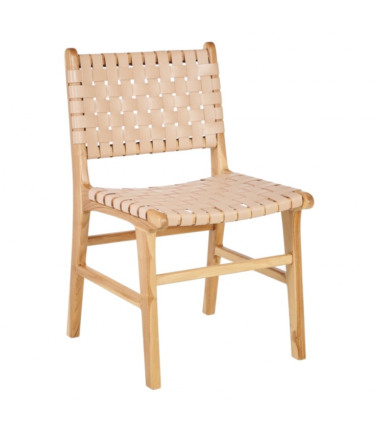 SILLA BEIGE MADERA TECA-PIEL 50 X 56 X 87 CM