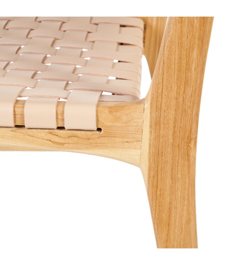 SILLA BEIGE MADERA TECA-PIEL 50 X 56 X 87 CM