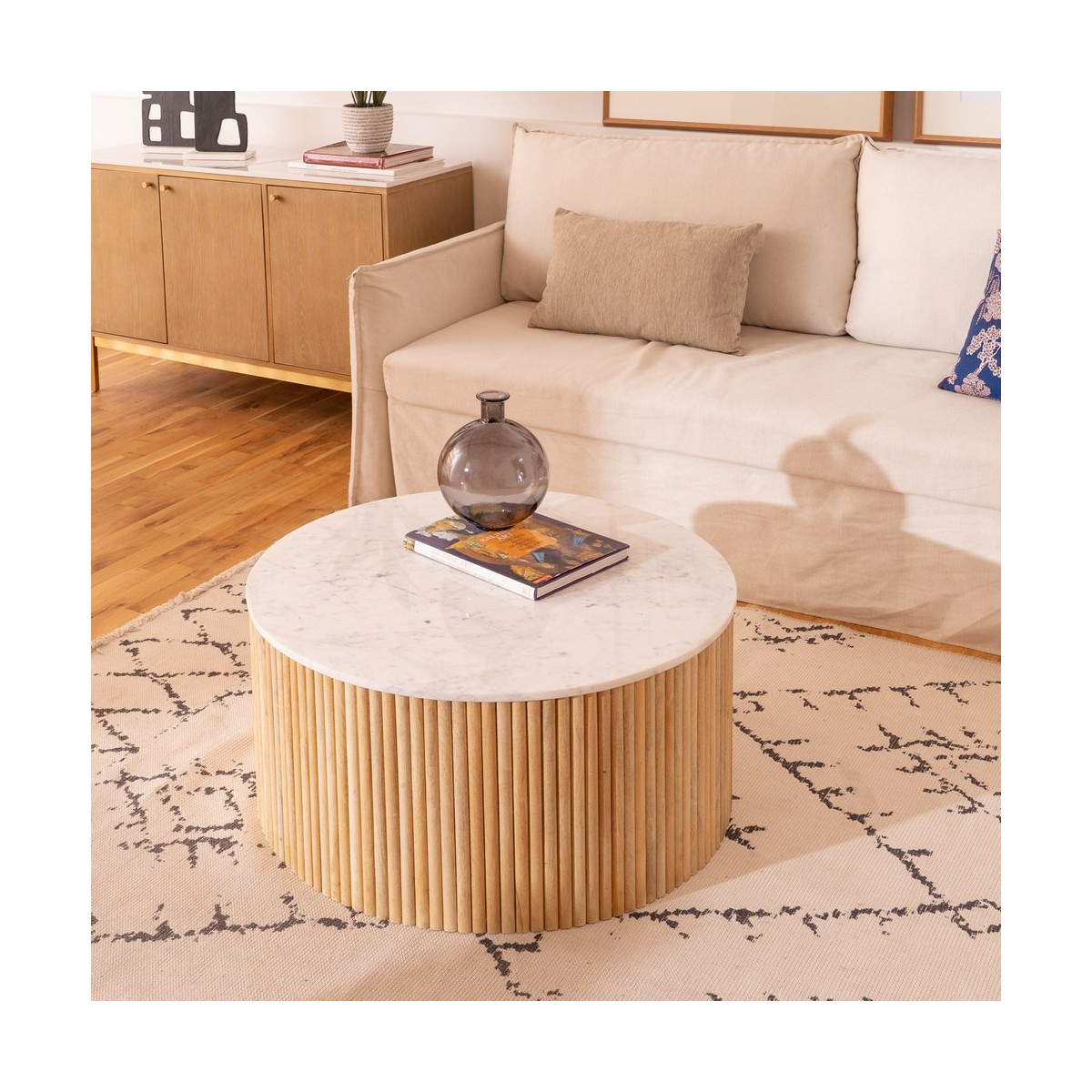 MESA CENTRO NATURAL-BLANCO MÁRMOL/MADERA 80 X 80 X 40 CM