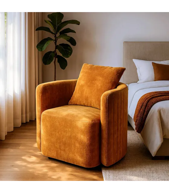 SILLÓN GIRATORIO OCRE TEJIDO-MADERA 76 X 70 X 84 CM