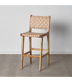TABURETE BEIGE MADERA TECA-PIEL 45 X 57 X 95 CM