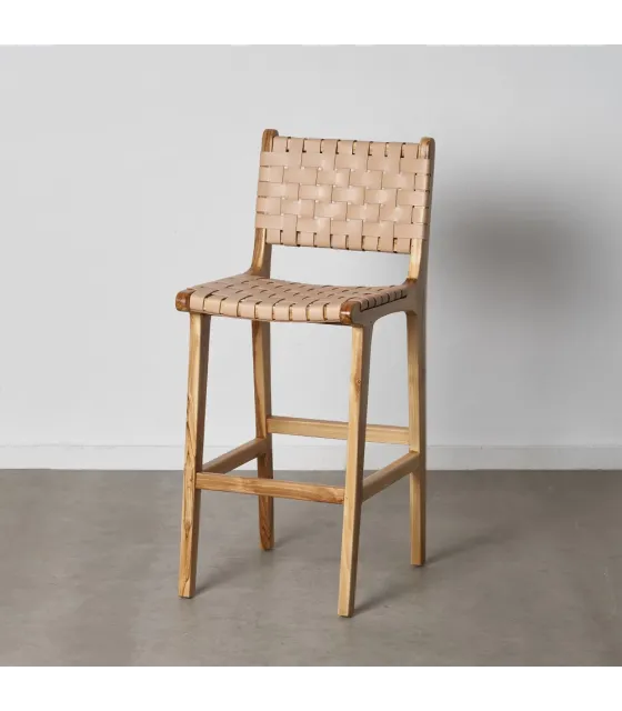 TABURETE BEIGE MADERA TECA-PIEL 45 X 57 X 95 CM