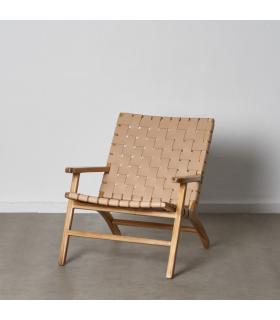 BUTACA BEIGE MADERA TECA-PIEL 74 X 78 X 75 CM