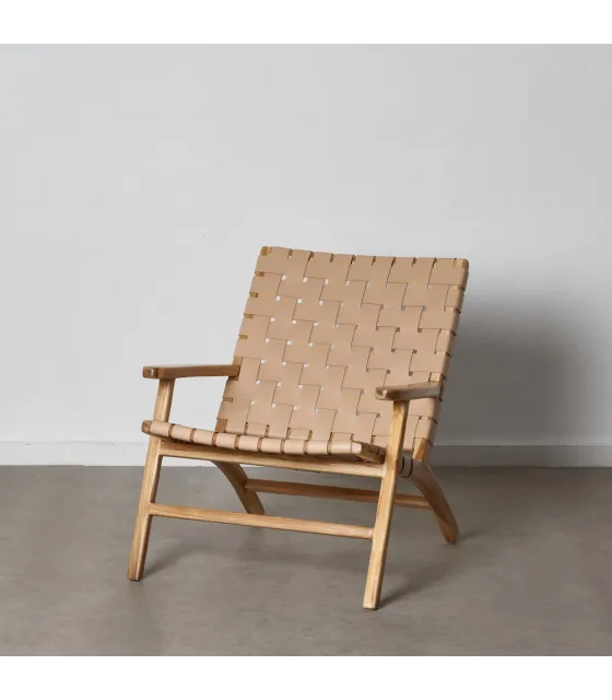 BUTACA BEIGE MADERA TECA-PIEL 74 X 78 X 75 CM