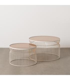 S/2 MESA CENTRO CREMA METAL-CRISTAL 65 X 65 X 40 CM