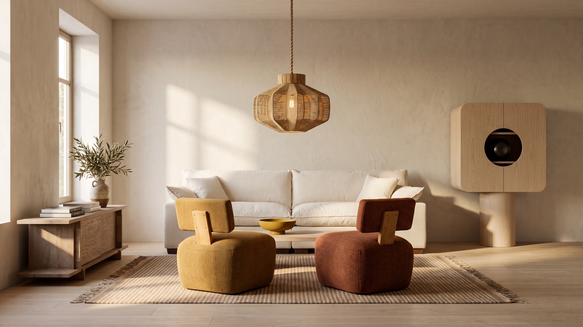 Salón cálido con muebles de diseño